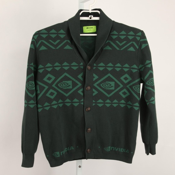 NVIDIA Sweater Mens Large Green Cardigan Shawl Collar Button Geek Nerd Knit - Picture 2 of 11